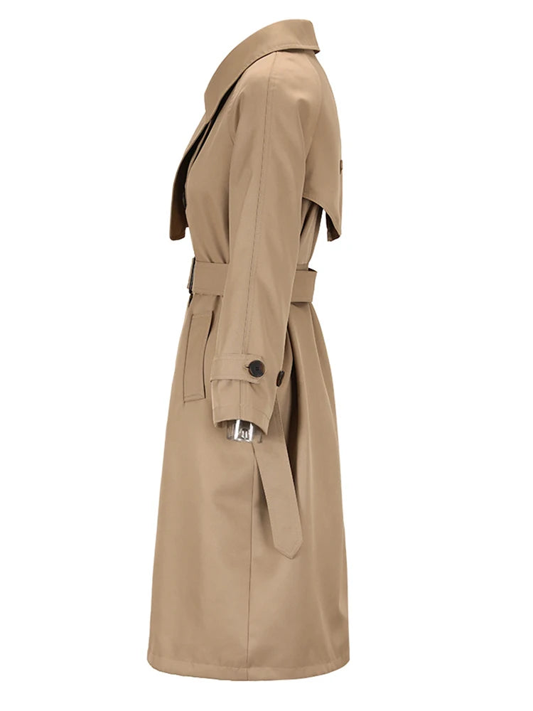 Women Khaki Belted Big Size Long Trench New Lapel Long Sleeve Loose Fit Windbreaker Fashion Spring Autumn 2025 CPG0584
