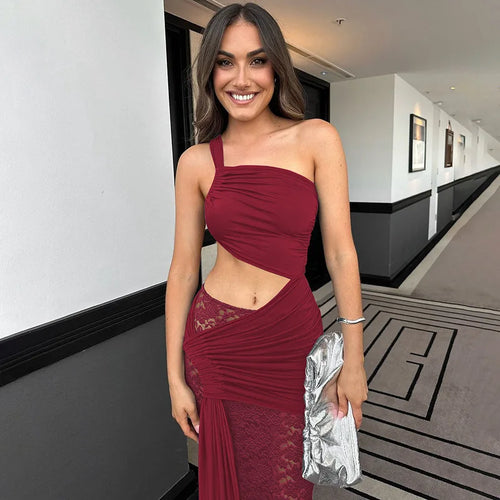 Load image into Gallery viewer, Hollow Out Lace Draped Sexy Maxi Dress For Women Gown Fashion One Shoulder Sleeveless Backless Bodycon Long Dress
