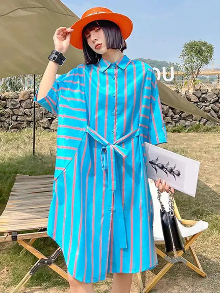 Women Blue Striped Bandage Big Size Knee-Length Shirt Dress New Lapel Long Sleeve Fashion Tide Spring Autumn 2025 1DH4539
