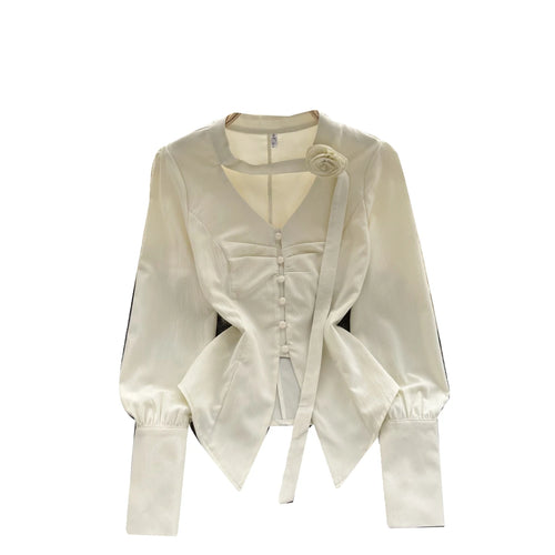 Load image into Gallery viewer, French Vintage Beige Lantern Long Sleeve Shirts For Women Autumn V Collar Pleated Tops Irregular Slim Blouses Fashion Beautiful
