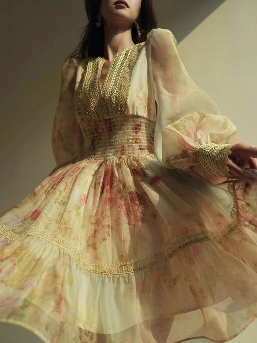 Hit Color Loose Dresses For Women V Neck Long Sleeve High Waist Temperament Mini Dress Female Fashion Style Clothes