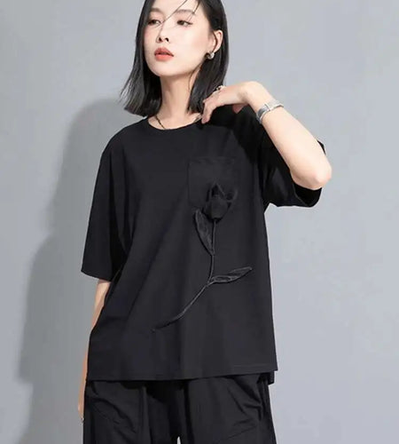 Women Black Flower Spliced Big Size Casual T-shirt New Round Neck Short Sleeve Fashion Tide Spring Summer 2025 1DH9832