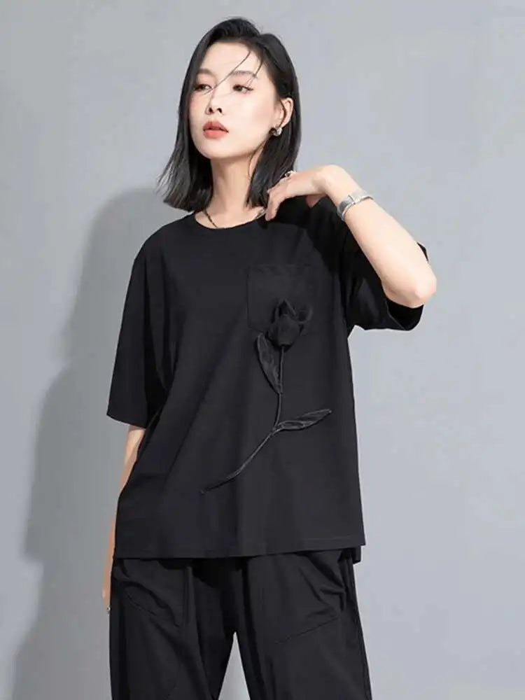 Women Black Flower Spliced Big Size Casual T-shirt New Round Neck Short Sleeve Fashion Tide Spring Summer 2025 1DH9832