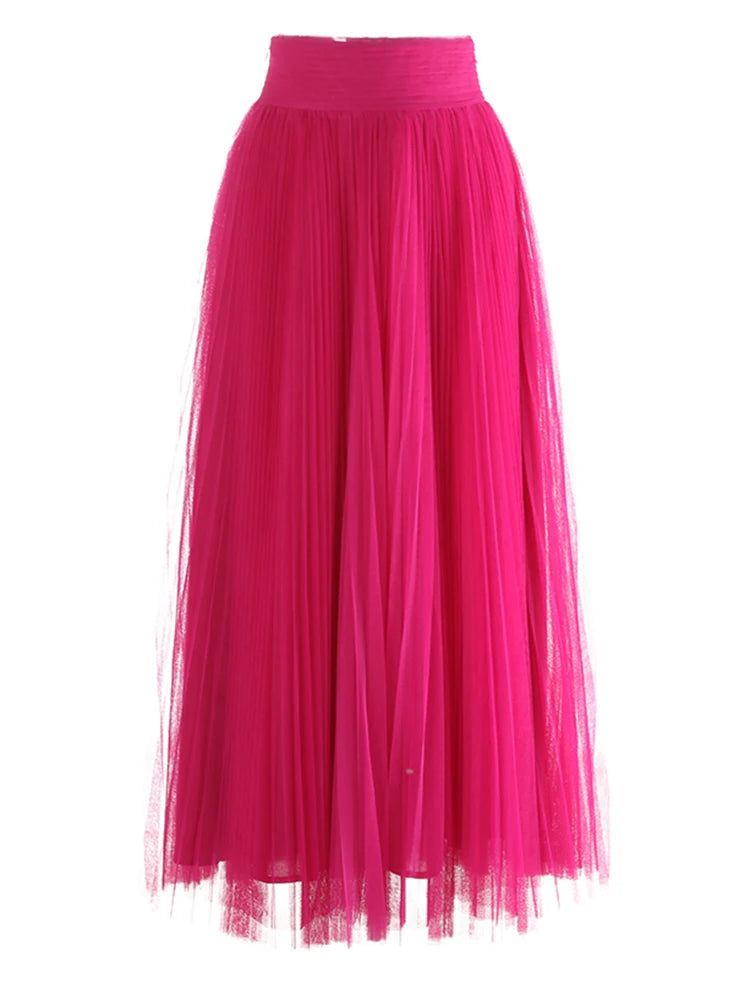 High Elastic Waist Rose Red Mesh Pleated Elegant  A-line Half-body Skirt Women Fashion Tide New Spring Autumn 2025 1DJ1079