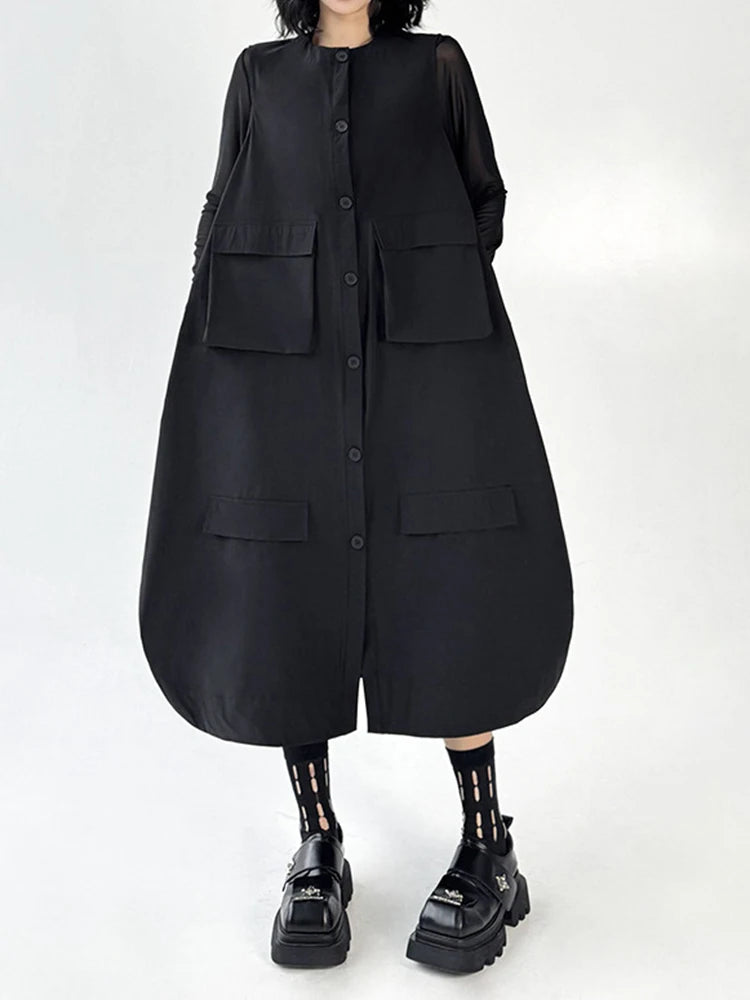 Women Black Pockets Big Size Casual Midi Vest Dress New Round Neck Sleeveless Fashion Tide Spring Autumn 2025 1DJ1167