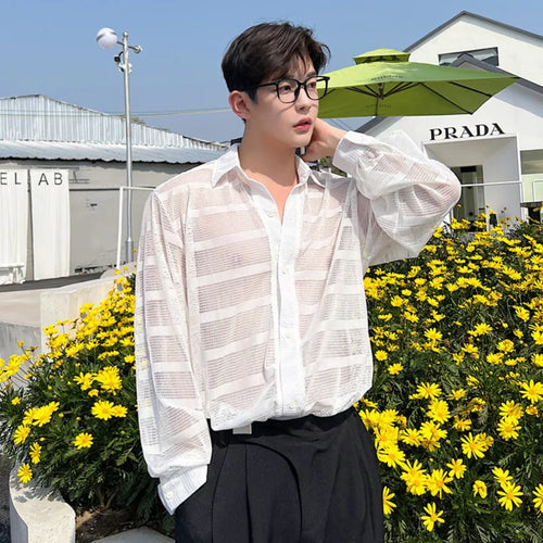 Load image into Gallery viewer, Summer Male Long Sleeve Shirts Trend Fashionable Niche Hollow Design Single Breasted Sunscreen Solid Color Shirt 9W1544
