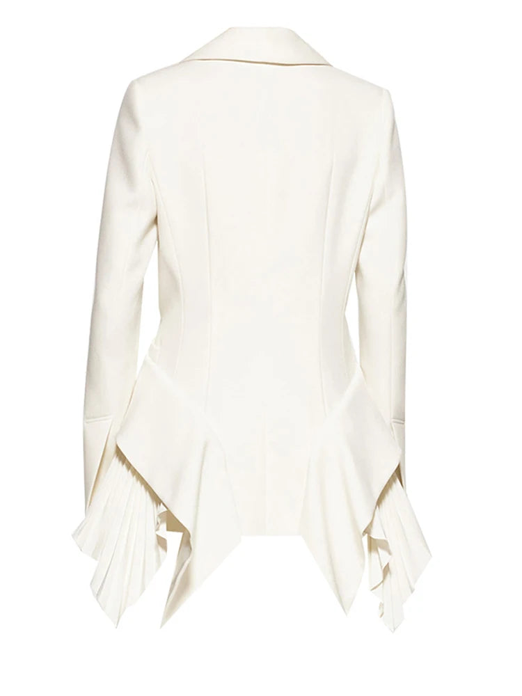 Women White Irregular Pleated Ruffles Elegant Blazer New Lapel Long Sleeve Jacket Fashion Tide Spring Autumn 2025 1DH4840