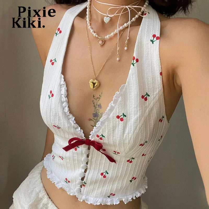 Cherry Printed Bow V Neck Backless Halter Top Woman 2024 Summer Resort Wear Cute 2000s Y2k Tank Tops White P33-CZ10