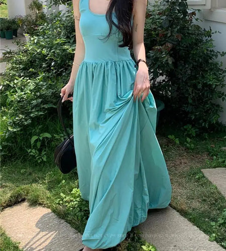 Korean Fashion 2024 Women's Blue High Waist Vacation Vest Long Dress Sleeveness O-neck Party Club Pleated Sundress Summer Simple