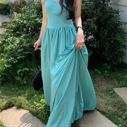 Load image into Gallery viewer, Korean Fashion 2024 Women's Blue High Waist Vacation Vest Long Dress Sleeveness O-neck Party Club Pleated Sundress Summer Simple
