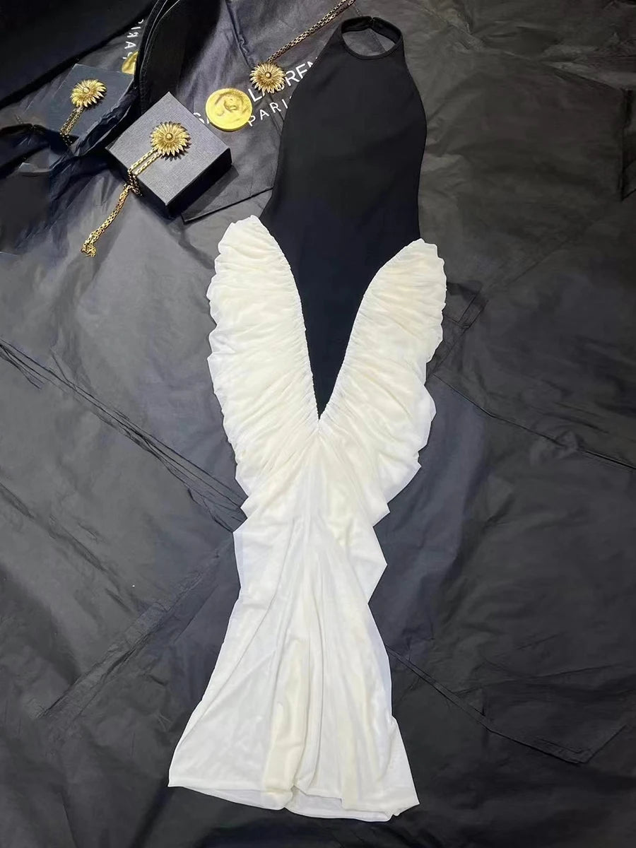 Hit Color Spliced Folds Sense of Design Dresses for Women Halter Sleeveless High Wasit Temperament Dress Female New