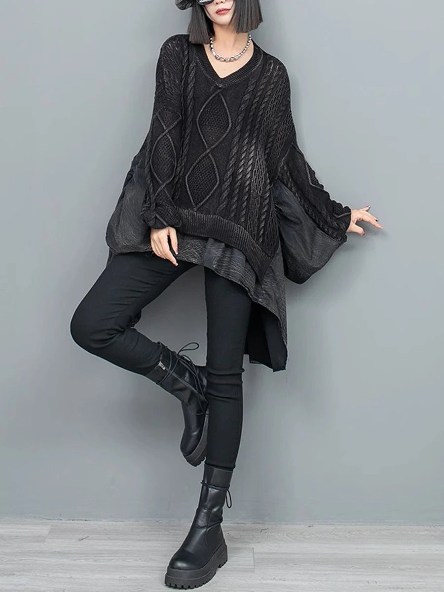 Solid Patchwork Ruffles Loose Sweater For Women V Neck Long Sleeve Temeprament Pullover High Street Sweater Female