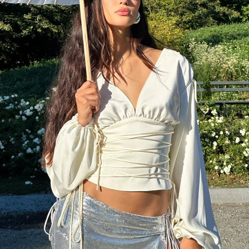 Load image into Gallery viewer, Fashion Satin Long Sleeve Slim Fit Women's Top T-shirt Sexy Deep V Waist Female Top Autumn/Winter 2025 Street Clothing
