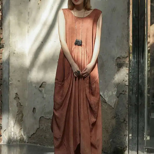 Load image into Gallery viewer, Women Orange Pleated Vintage Casual Dress New Round Neck Sleeveless Loose Fit Fashion Tide Spring Summer 2025 1DF6825
