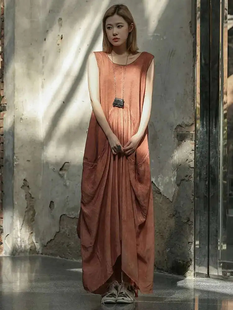 Women Orange Pleated Vintage Casual Dress New Round Neck Sleeveless Loose Fit Fashion Tide Spring Summer 2025 1DF6825