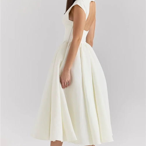 Load image into Gallery viewer, White Backless A-line Sexy Maxi Dress For Women Gown Solid Hollow Out Sleeveless High Waist Club Pleated Dress Elegant
