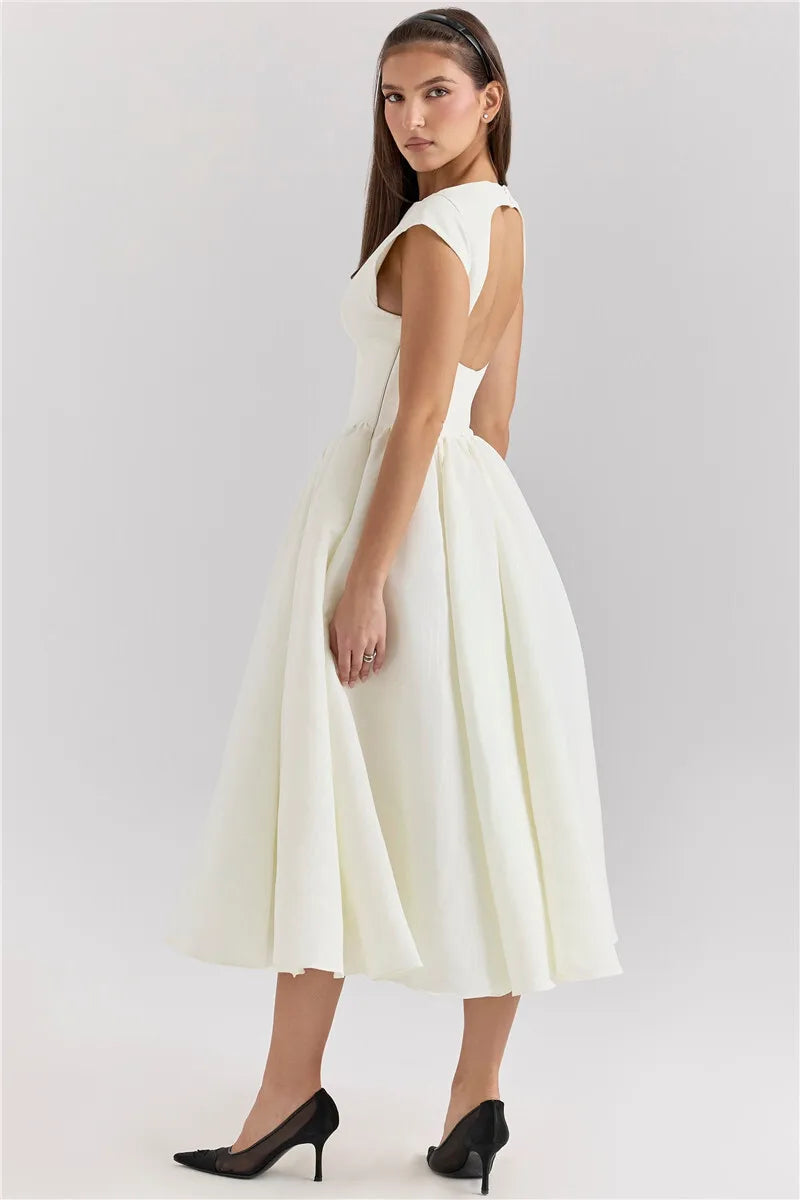 White Backless A-line Sexy Maxi Dress For Women Gown Solid Hollow Out Sleeveless High Waist Club Pleated Dress Elegant