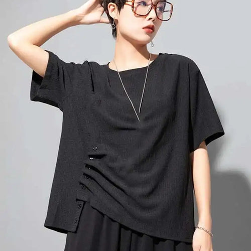 Load image into Gallery viewer, Women White Irregular Pleated Big Size Casual T-shirt New Round Neck Short Sleeve Fashion Tide Spring Summer 2025 1DF8661
