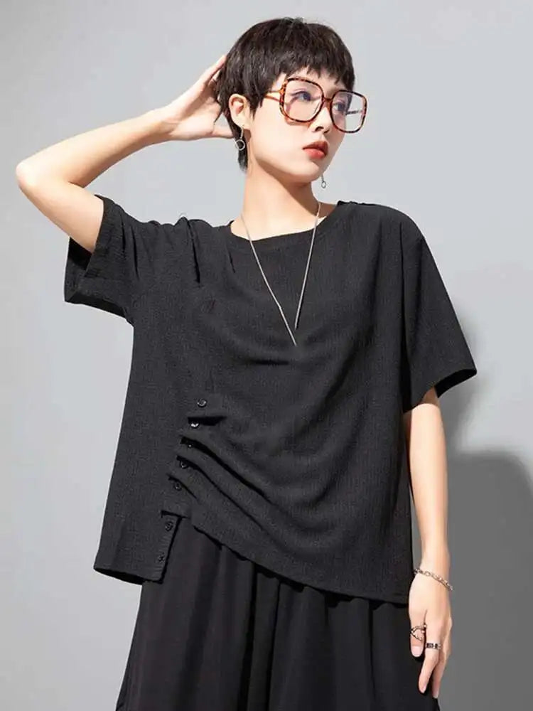 Women White Irregular Pleated Big Size Casual T-shirt New Round Neck Short Sleeve Fashion Tide Spring Summer 2025 1DF8661