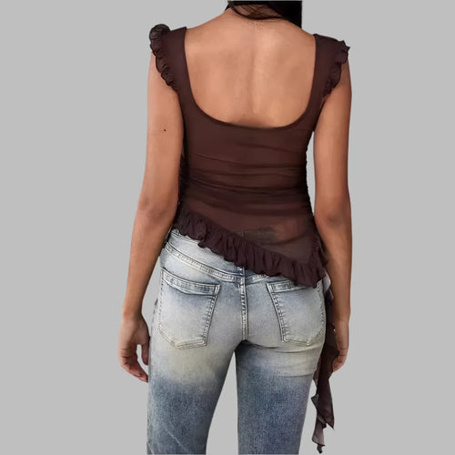 Load image into Gallery viewer, Brown Mesh Sheer Asymmetrical Tank Top Floral-applique Ruffled Lace Trim Coquette Y2k Tops 2000s Aesthetic P33-CB10
