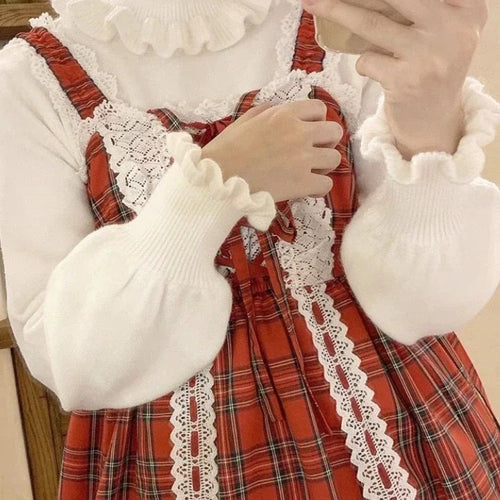 Load image into Gallery viewer, Kawaii Ruffle High Collar Sweater Women Japanese Vintage Soft Girl Lantern Sleeve Cute Lolita Knitted Jumper Pullover
