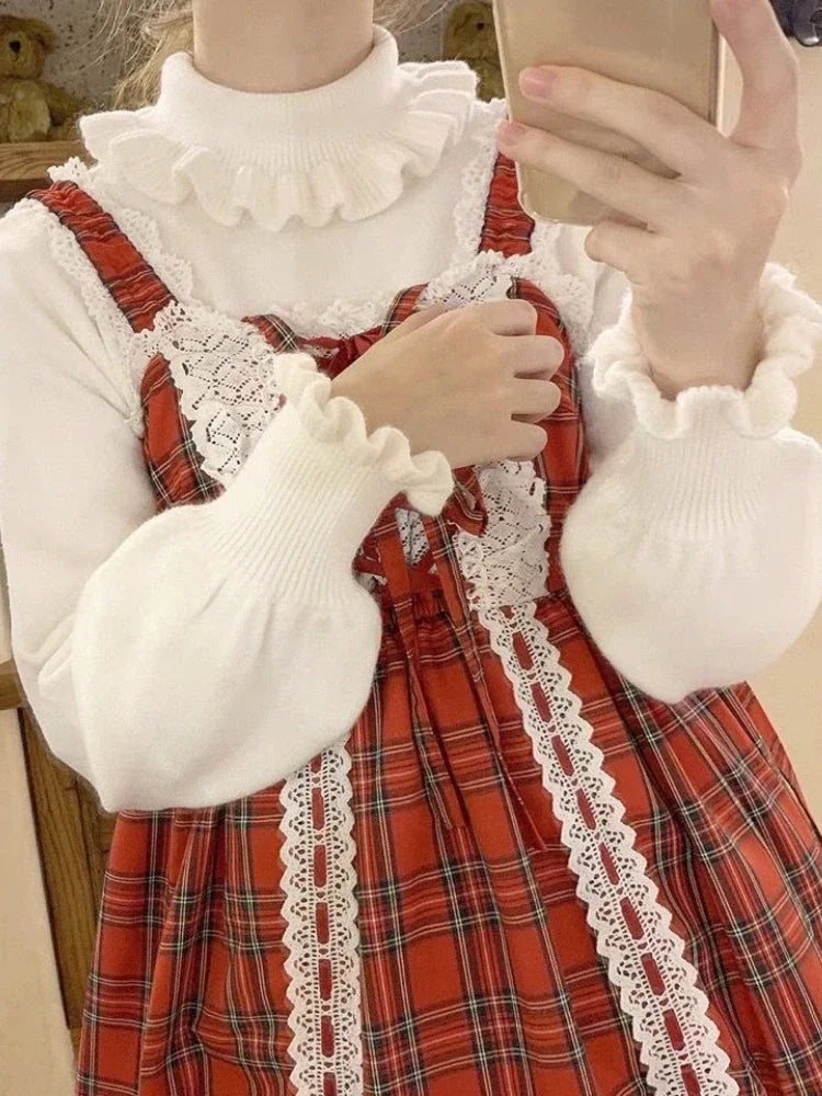 Kawaii Ruffle High Collar Sweater Women Japanese Vintage Soft Girl Lantern Sleeve Cute Lolita Knitted Jumper Pullover