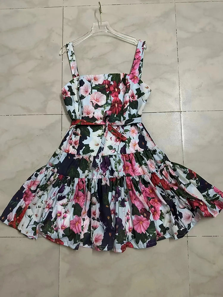 Vintage Floral Printing Camisole Dresses For Women Square Collar Sleeveless High Waist Backless Sexy Slimming Dress Female