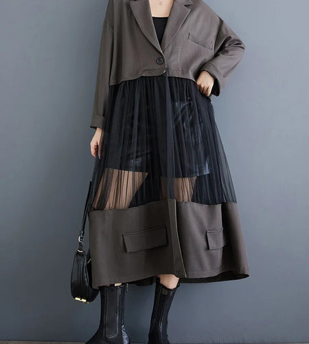 Black Mesh Perspective Big Size Long Jacket New Lapel Long Sleeve Women Coat Fashion Tide Spring Autumn 2025 1DJ0333