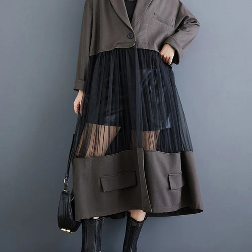 Load image into Gallery viewer, Black Mesh Perspective Big Size Long Jacket New Lapel Long Sleeve Women Coat Fashion Tide Spring Autumn 2025 1DJ0333
