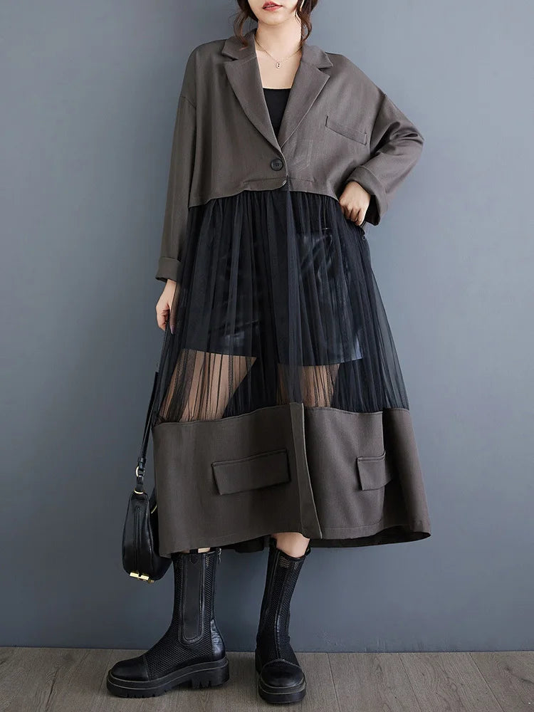 Black Mesh Perspective Big Size Long Jacket New Lapel Long Sleeve Women Coat Fashion Tide Spring Autumn 2025 1DJ0333
