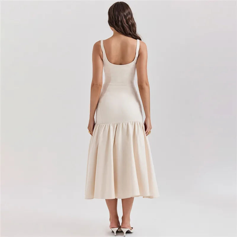 Backless Maxi Fishtail Dress For Women Gown Fashion Square Collar Sleeveless Loose Pleated Long Dress Elegant Dresses