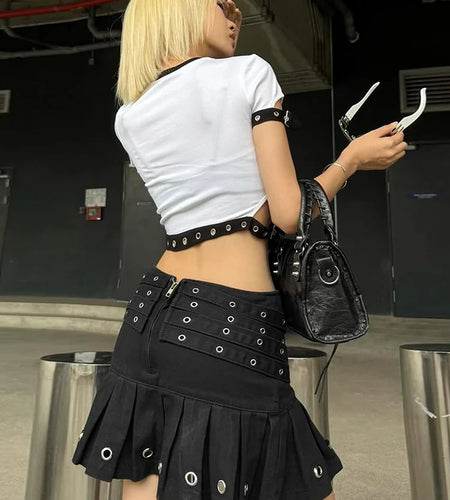 Patchwork t-Shirts Women Metal Adjustment Clasp o-Neck Hollow Letter Print High Elasticity Street Daily Hottie Mini Top