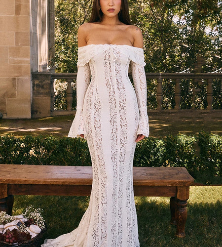 Floral Lace Off-shoulder Maxi Dress For Women White Strapless Backless Long Sleeve Bodycon Club Party Sexy Long Dress