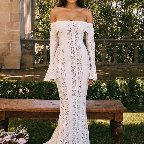 Load image into Gallery viewer, Floral Lace Off-shoulder Maxi Dress For Women White Strapless Backless Long Sleeve Bodycon Club Party Sexy Long Dress
