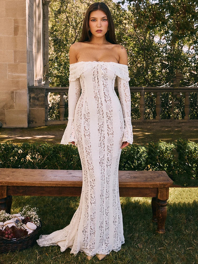 Floral Lace Off-shoulder Maxi Dress For Women White Strapless Backless Long Sleeve Bodycon Club Party Sexy Long Dress