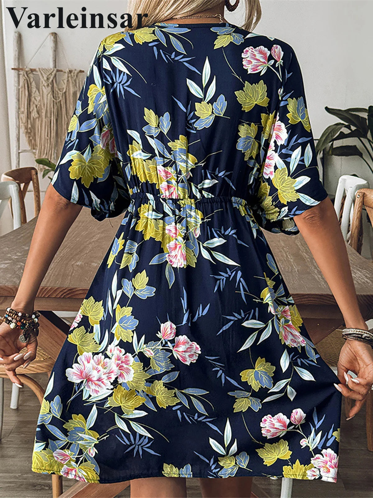 Flowers Printed Half Sleeve Crochet Knitted Tunic Beach Cover Up Cover-ups Beach Dress Beach Wear Beachwear Female Women V5663