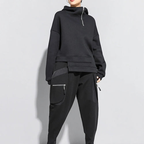 Load image into Gallery viewer, Black Irregular Hem Zipper Sweatshirt New Hooded Long Sleeve Women Big Size Fashion Tide Spring Autumn 2025 1DJ1788
