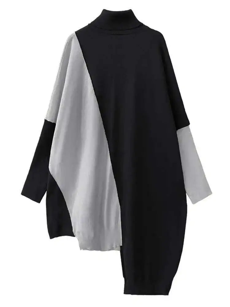 Women Gray Color-block Big Size Irregular Knitting Dress New Turtleneck Long Sleeve Fashion Spring Autumn 2025 1DH6561