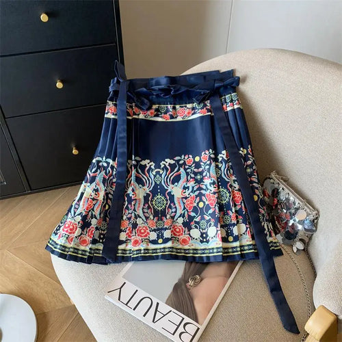 Load image into Gallery viewer, Spring Chinese Style Improved Printed Bandage Mini Skirt Women High Waist Slim A-line Pleated Horse Face Short Skirts Versatile
