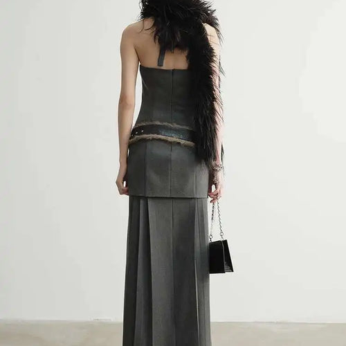 Load image into Gallery viewer, Women Geay Leather Hem Pleated Wool Belt Long Elegant Dress New Halter Sleeveless Fashion Tide Spring Autumn 2025 1DH7227
