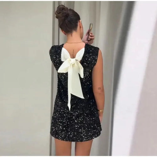 Load image into Gallery viewer, Sequins Backless Bow Sexy Mini Dress For Women Robe 2025 New Sleeveless A-line Sparkle Club Dress Elegant Vestido
