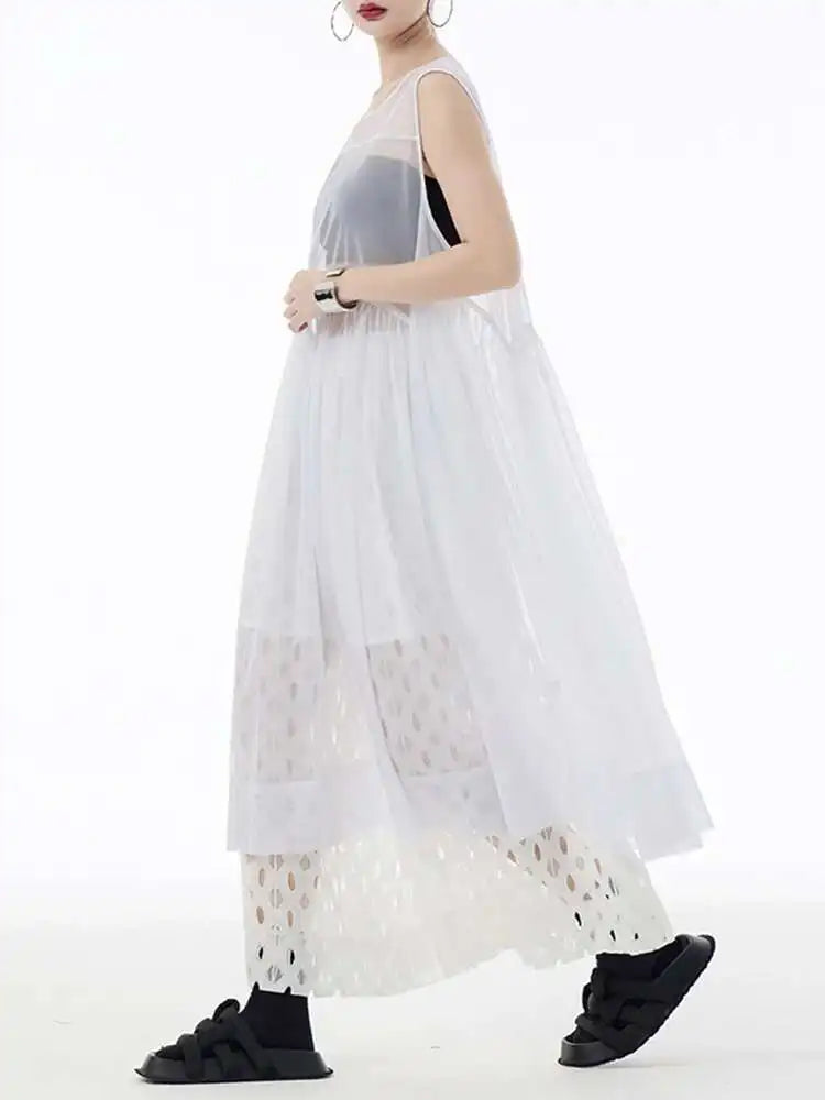 Women Black Big Hem Mesh Big Size Elegant Perspective Dress New Round Neck Sleeveless Fashion Spring Summer 2025 1DH6298