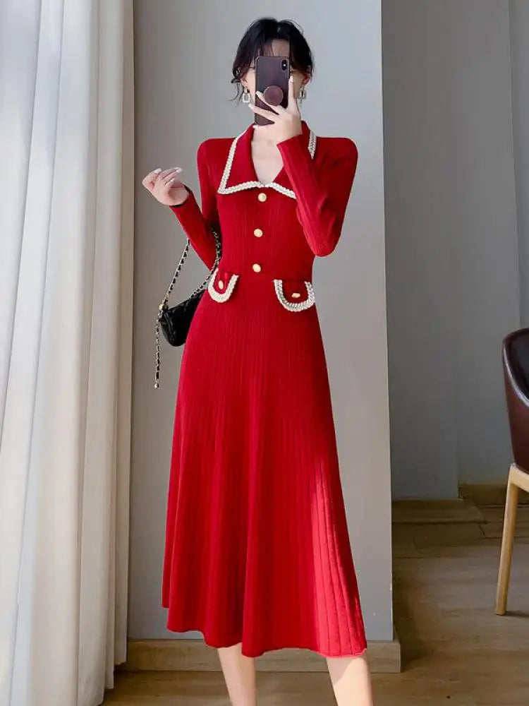 Women Lapel Single Breasted Patchwork Midi Sweater Dress Elegant Fashion Pullover Bodycon Streetwear Knit Dress 2023 New Autumn