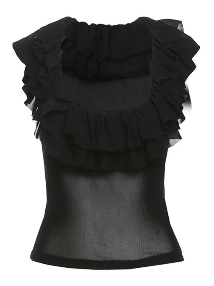 Harajuku Gauze Ruffled U Neck Tees Women Y2k Aesthetic Solid Vintage Sleeveless T-Shirt Streetwear See Through Grunge Slim Tops