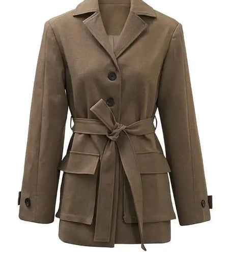 Women Khaki Single Breasted Belted Pocket Elegant Blazer New Lapel Long Sleeve Jacket Fashion Spring Autumn 2025 CPDB212