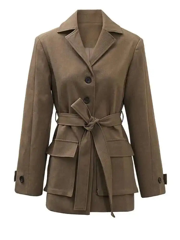 Women Khaki Single Breasted Belted Pocket Elegant Blazer New Lapel Long Sleeve Jacket Fashion Spring Autumn 2025 CPDB212