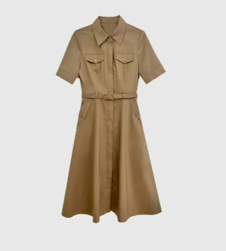 Summer Brown Professional Temperament Office Short Sleeve Elegant Midi Dress Casual Fashion Holiday Pleated Dresses 2024 Ladies