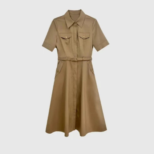 Load image into Gallery viewer, Summer Brown Professional Temperament Office Short Sleeve Elegant Midi Dress Casual Fashion Holiday Pleated Dresses 2024 Ladies
