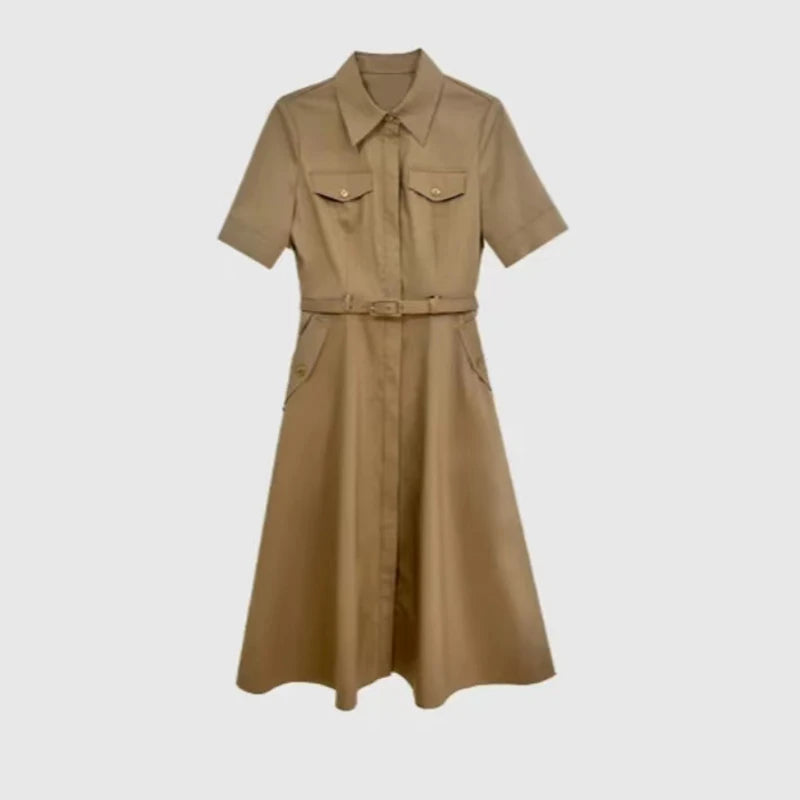 Summer Brown Professional Temperament Office Short Sleeve Elegant Midi Dress Casual Fashion Holiday Pleated Dresses 2024 Ladies