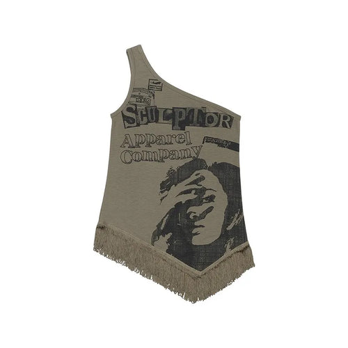 Load image into Gallery viewer, Grunge Print Tank Tops Vintage Irregular Patchwork Camisole Korean Fashion Tassel Design Tops 90s Punk Style Vest Chic
